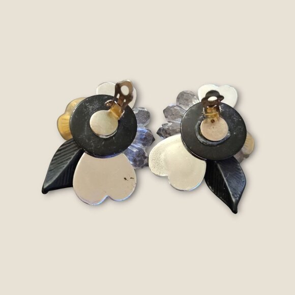 Vintage Gold & Clear Crystal Floral Clip-On Earrings Black Leaf Design Lightweig - Picture 4 of 6